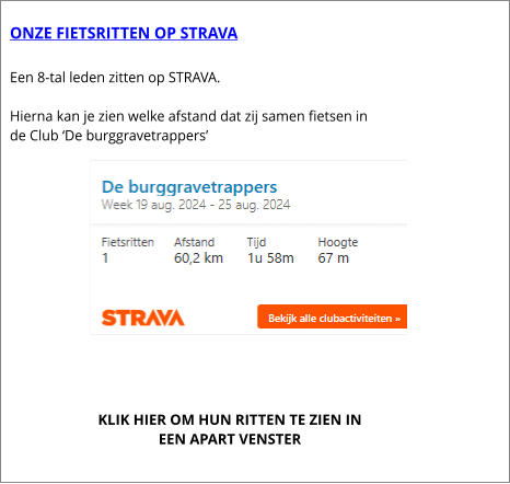 ONZE FIETSRITTEN OP STRAVA  Een 8-tal leden zitten op STRAVA.  Hierna kan je zien welke afstand dat zij samen fietsen in de Club De burggravetrappers   KLIK HIER OM HUN RITTEN TE ZIEN IN EEN APART VENSTER