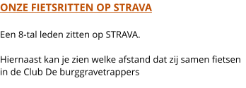 ONZE FIETSRITTEN OP STRAVA  Een 8-tal leden zitten op STRAVA.  Hiernaast kan je zien welke afstand dat zij samen fietsen in de Club De burggravetrappers